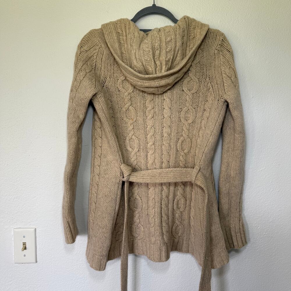 Abercrombie & Fitch Y2K Wool Cable Knit Belted Hooded Cardigan Tan Sz M Neutral - Picture 2 of 8